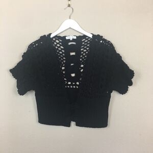 Vintage Black Knit Crochet Crop Sweater Size M Cottagecore Y2K Grandma Cozy